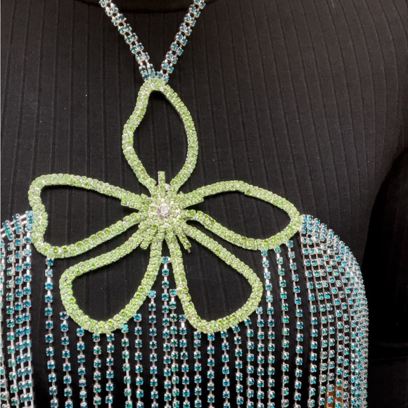 Blue & Green Rhinestone Flower Halter Top - Picture 3 of 9